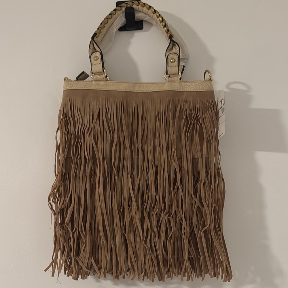 COPY - Tan Fringe Tote with Braided Handle